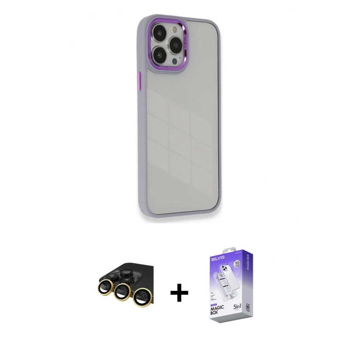 MARSİLYAN™- iPhone 14 Pro Max Kılıf Eksen Doku Prime - Siyah Bilvis 5in1 3D Magic Cam Ekran Koruyucu + Raze Metal Kamera Lens - GD