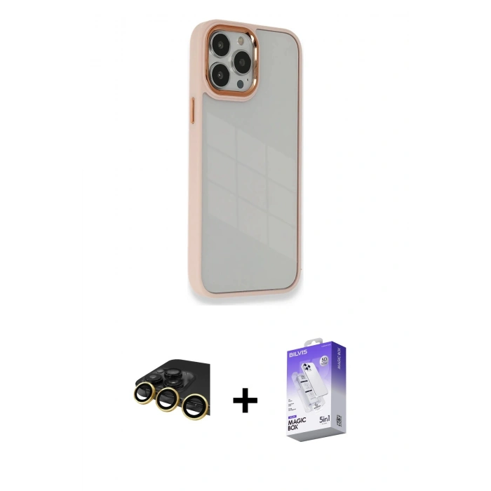 MARSİLYAN™- iPhone 14 Pro Max Kılıf Eksen Doku Prime - Siyah Bilvis 5in1 3D Magic Cam Ekran Koruyucu + Raze Metal Kamera Lens - GD