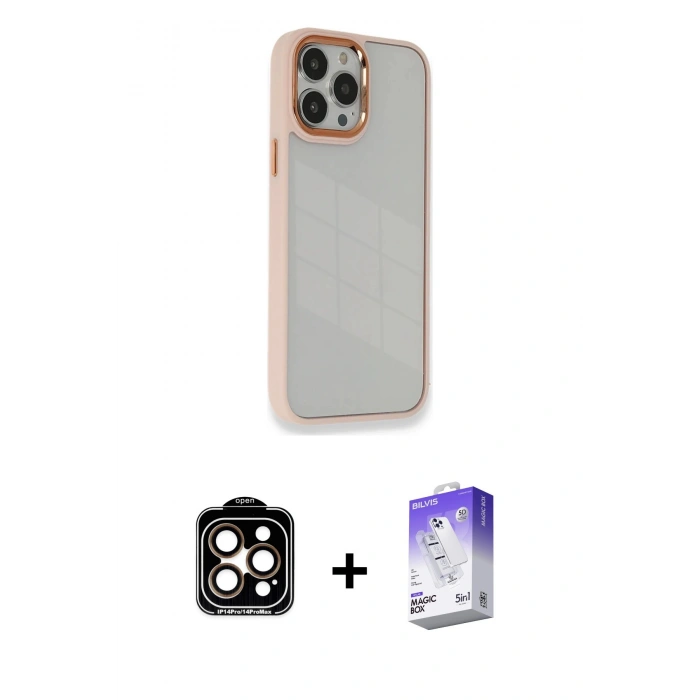 MARSİLYAN™- iPhone 14 Pro Max Kılıf Eksen Doku Prime - Siyah Bilvis 5in1 3D Magic Cam Ekran Koruyucu + PVD Metal Kamera Lens - TU