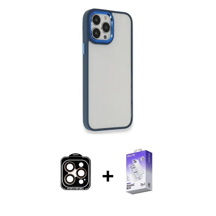 MARSİLYAN™- iPhone 14 Pro Max Kılıf Eksen Doku Prime - Siyah Bilvis 5in1 3D Magic Cam Ekran Koruyucu + PVD Metal Kamera Lens - TU