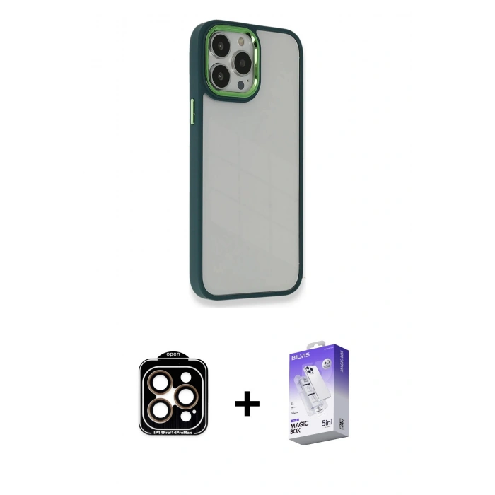 MARSİLYAN™- iPhone 14 Pro Max Kılıf Eksen Doku Prime - Siyah Bilvis 5in1 3D Magic Cam Ekran Koruyucu + PVD Metal Kamera Lens - TU