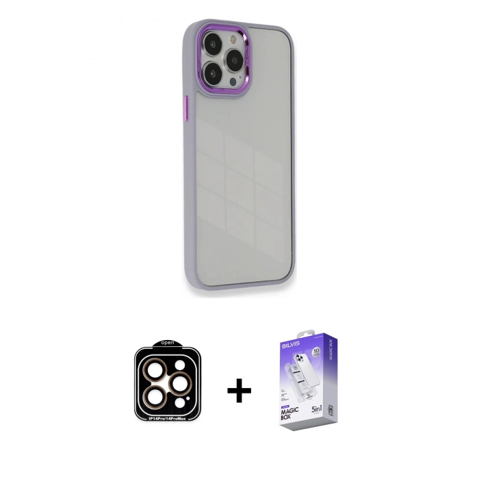 MARSİLYAN™- iPhone 14 Pro Max Kılıf Eksen Doku Prime - Siyah Bilvis 5in1 3D Magic Cam Ekran Koruyucu + PVD Metal Kamera Lens - TU