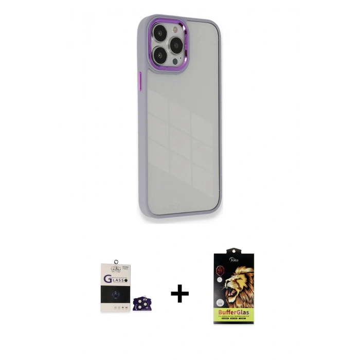 MARSİLYAN™- iPhone 14 Pro Max Kılıf Eksen Doku Prime - Siyah Buffer Cam Ekran Koruyucu + Derin Mor Bilvis Titan Kamera Lens