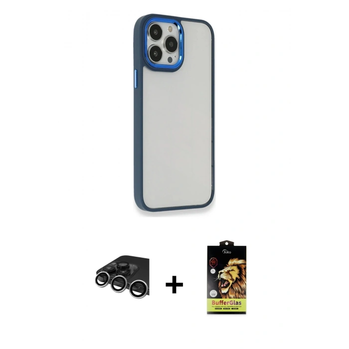 MARSİLYAN™- iPhone 14 Pro Max Kılıf Eksen Doku Prime - Siyah Buffer Cam Ekran Koruyucu + Raze Metal Kamera Lens - GS