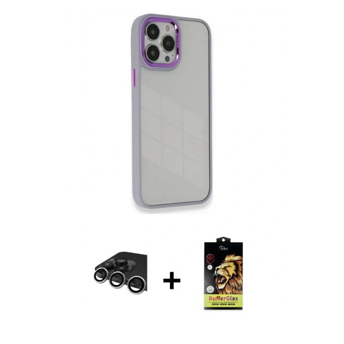 MARSİLYAN™- iPhone 14 Pro Max Kılıf Eksen Doku Prime - Siyah Buffer Cam Ekran Koruyucu + Raze Metal Kamera Lens - GS