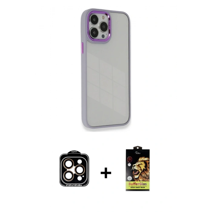 MARSİLYAN™- iPhone 14 Pro Max Kılıf Eksen Doku Prime - Siyah Buffer Cam Ekran Koruyucu + PVD Metal Kamera Lens - TU