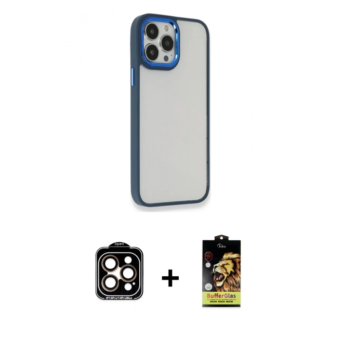 MARSİLYAN™- iPhone 14 Pro Max Kılıf Eksen Doku Prime - Siyah Buffer Cam Ekran Koruyucu + PVD Metal Kamera Lens - TU