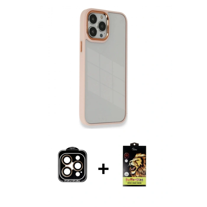 MARSİLYAN™- iPhone 14 Pro Max Kılıf Eksen Doku Prime - Siyah Buffer Cam Ekran Koruyucu + PVD Metal Kamera Lens - TU