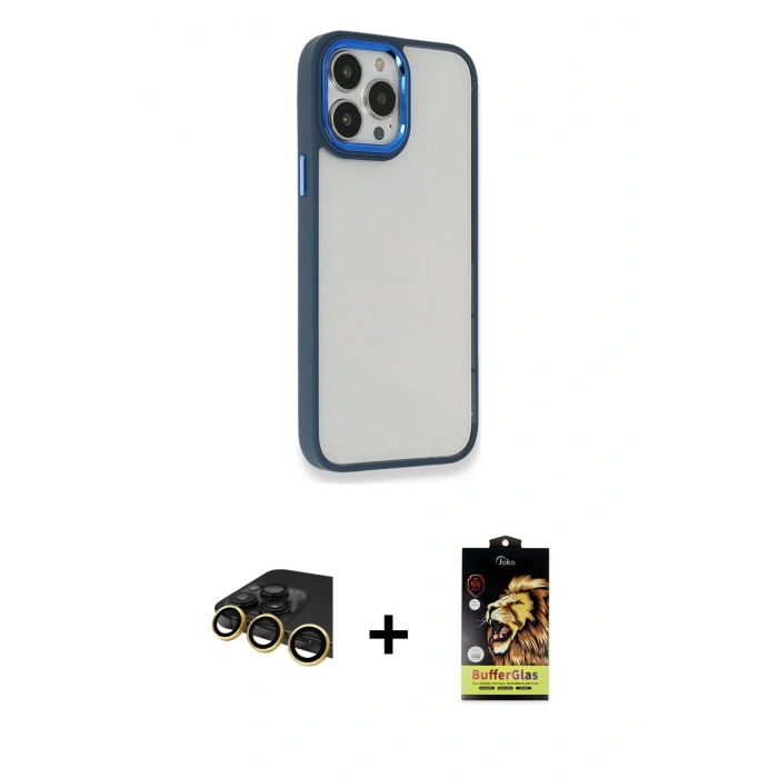 MARSİLYAN™- iPhone 14 Pro Max Kılıf Eksen Doku Prime - Siyah Buffer Cam Ekran Koruyucu + Raze Metal Kamera Lens - GD