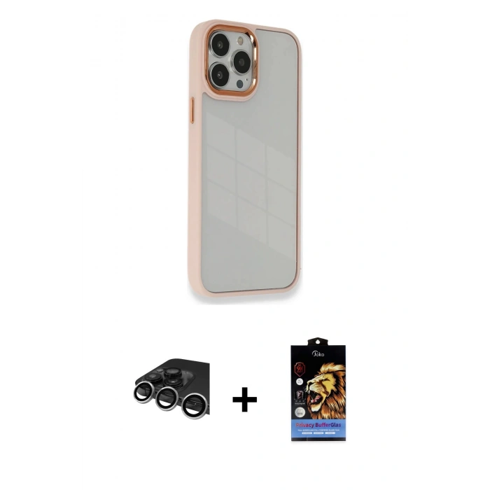 MARSİLYAN™- iPhone 14 Pro Max Kılıf Eksen Doku Prime - Siyah Buffer Hayalet Cam Ekran Koruyucu + Raze Metal Kamera Lens - GS