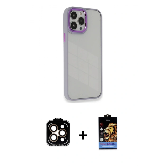 MARSİLYAN™- iPhone 14 Pro Max Kılıf Eksen Doku Prime - Siyah Buffer Hayalet Cam Ekran Koruyucu + PVD Metal Kamera Lens - TU