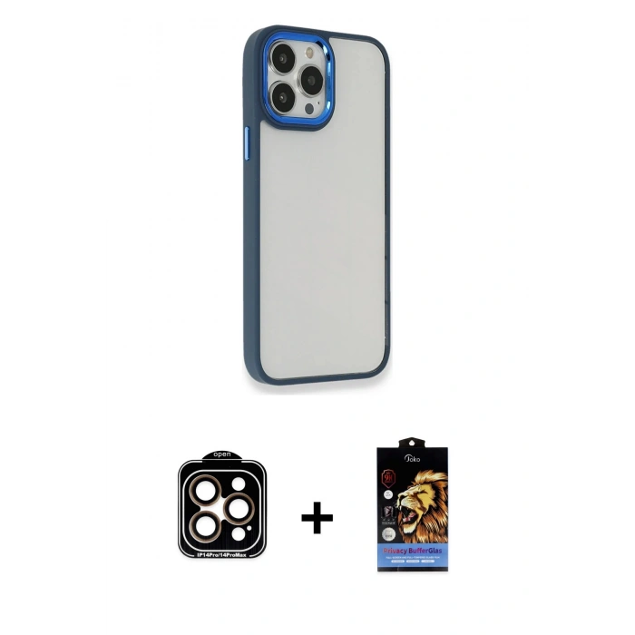 MARSİLYAN™- iPhone 14 Pro Max Kılıf Eksen Doku Prime - Siyah Buffer Hayalet Cam Ekran Koruyucu + PVD Metal Kamera Lens - TU