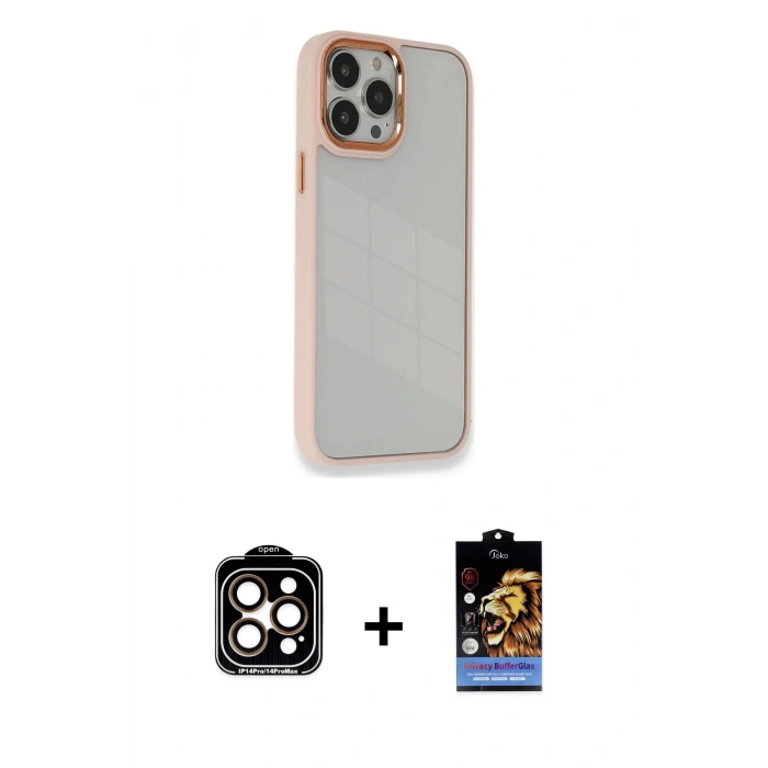 MARSİLYAN™- iPhone 14 Pro Max Kılıf Eksen Doku Prime - Siyah Buffer Hayalet Cam Ekran Koruyucu + PVD Metal Kamera Lens - TU