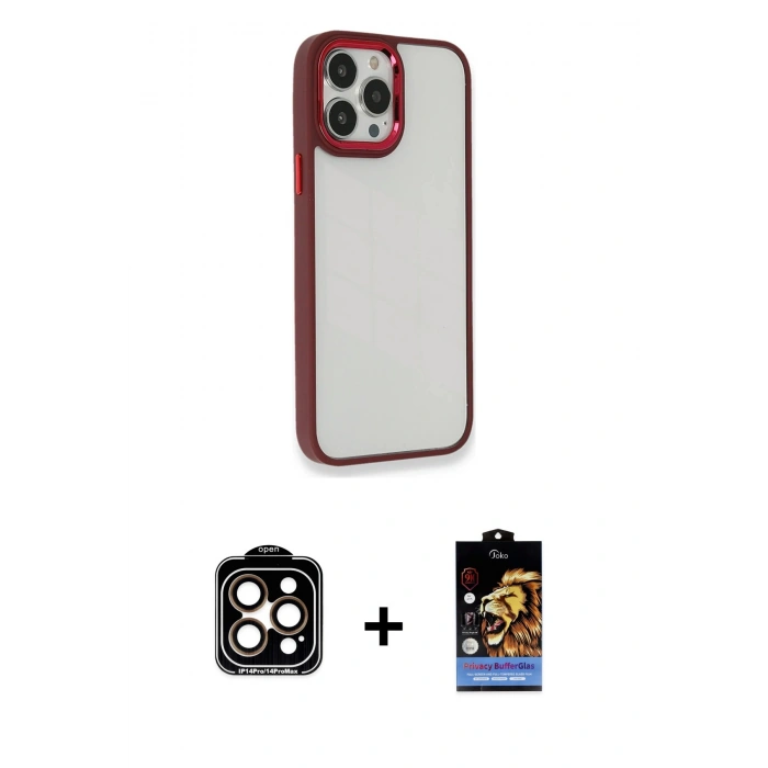 MARSİLYAN™- iPhone 14 Pro Max Kılıf Eksen Doku Prime - Siyah Buffer Hayalet Cam Ekran Koruyucu + PVD Metal Kamera Lens - TU