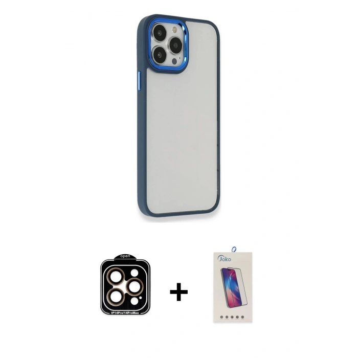 MARSİLYAN™- iPhone 14 Pro Max Kılıf Eksen Doku Prime - Siyah Joko 5D Cam + PVD Metal Kamera Lens - TU