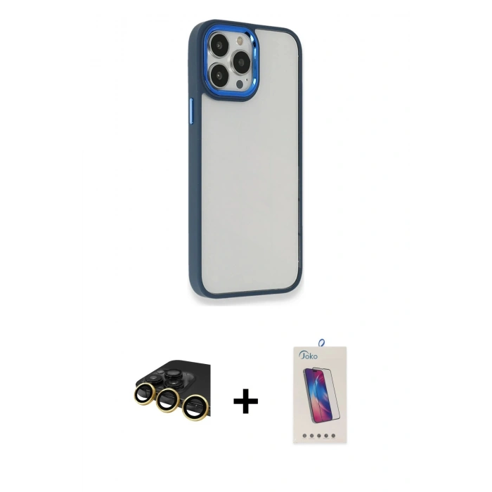MARSİLYAN™- iPhone 14 Pro Max Kılıf Eksen Doku Prime - Siyah Joko 5D Cam + Raze Metal Kamera Lens - GD