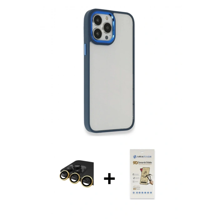 MARSİLYAN™- iPhone 14 Pro Max Kılıf Eksen Doku Prime - Siyah Mat Seramik Nano Ekran Koruyucu + Raze Metal Kamera Lens - GD