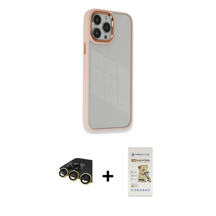 MARSİLYAN™- iPhone 14 Pro Max Kılıf Eksen Doku Prime - Siyah Mat Seramik Nano Ekran Koruyucu + Raze Metal Kamera Lens - GD