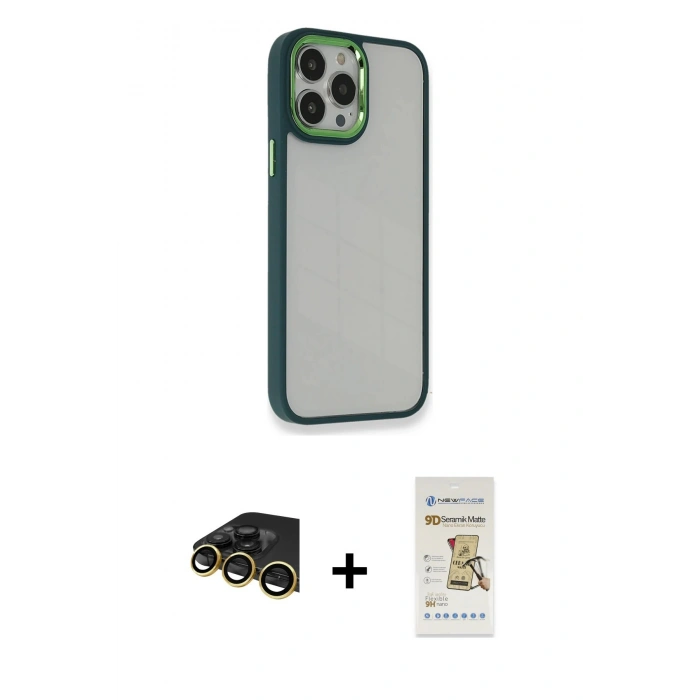 MARSİLYAN™- iPhone 14 Pro Max Kılıf Eksen Doku Prime - Siyah Mat Seramik Nano Ekran Koruyucu + Raze Metal Kamera Lens - GD