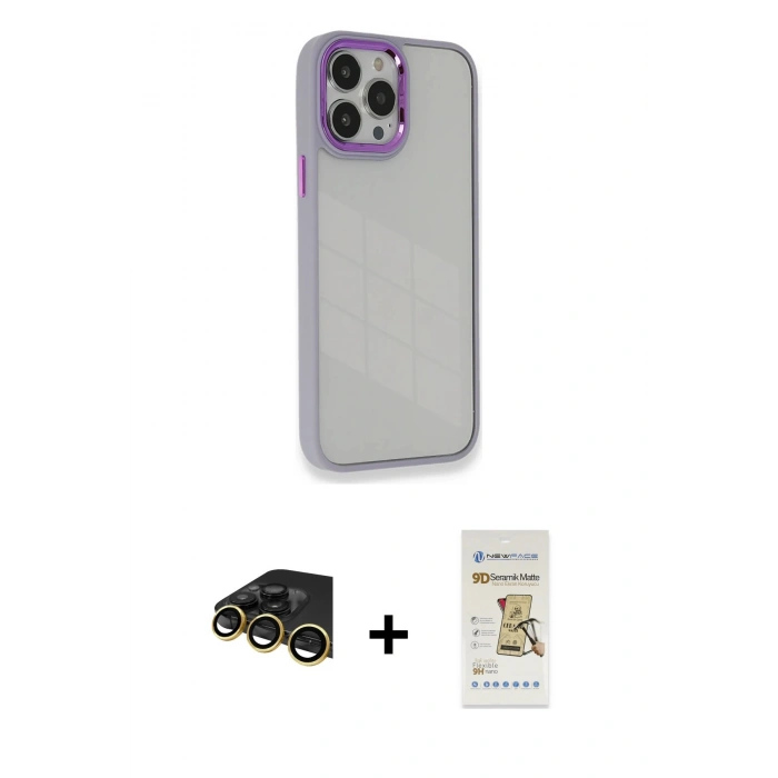 MARSİLYAN™- iPhone 14 Pro Max Kılıf Eksen Doku Prime - Siyah Mat Seramik Nano Ekran Koruyucu + Raze Metal Kamera Lens - GD