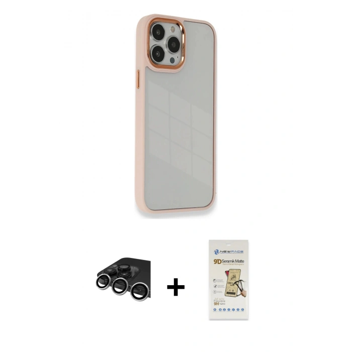 MARSİLYAN™- iPhone 14 Pro Max Kılıf Eksen Doku Prime - Siyah Mat Seramik Nano Ekran Koruyucu + Raze Metal Kamera Lens - GS
