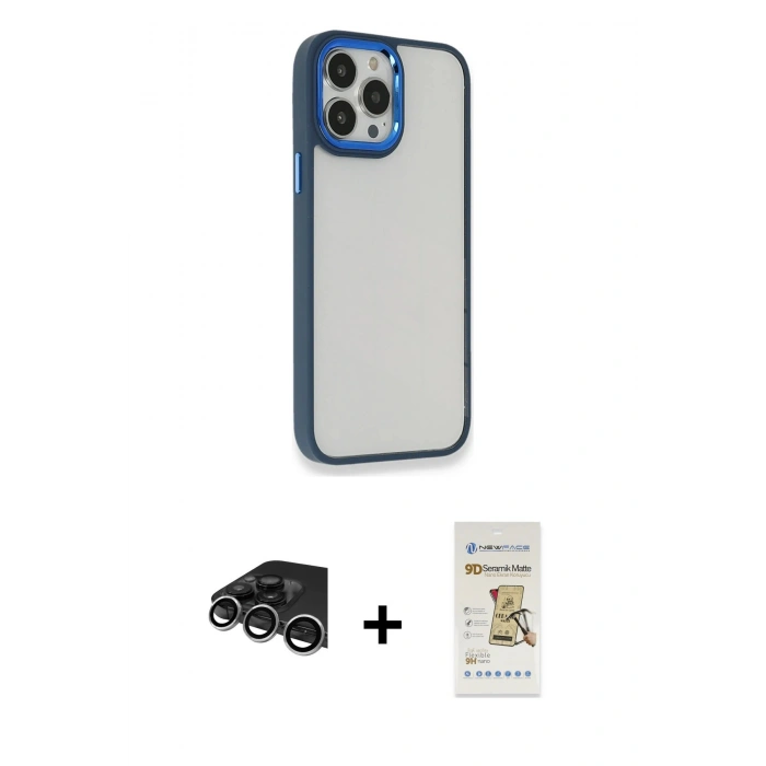 MARSİLYAN™- iPhone 14 Pro Max Kılıf Eksen Doku Prime - Siyah Mat Seramik Nano Ekran Koruyucu + Raze Metal Kamera Lens - GS