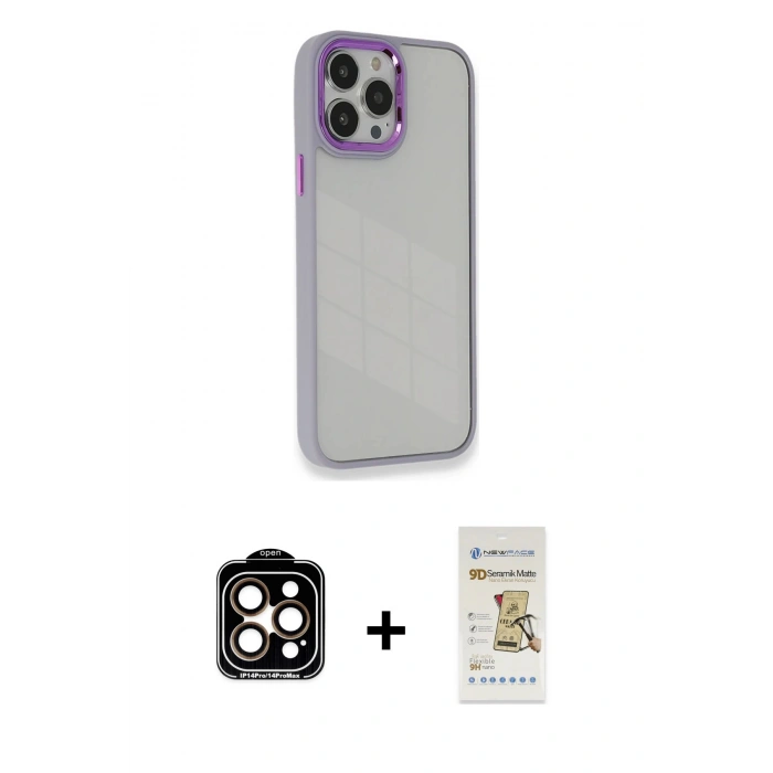 MARSİLYAN™- iPhone 14 Pro Max Kılıf Eksen Doku Prime - Siyah Mat Seramik Nano Ekran Koruyucu + PVD Metal Kamera Lens - TU