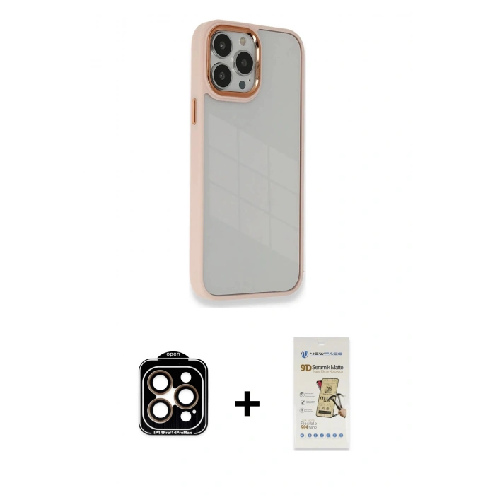 MARSİLYAN™- iPhone 14 Pro Max Kılıf Eksen Doku Prime - Siyah Mat Seramik Nano Ekran Koruyucu + PVD Metal Kamera Lens - TU