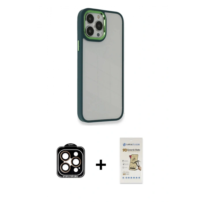 MARSİLYAN™- iPhone 14 Pro Max Kılıf Eksen Doku Prime - Siyah Mat Seramik Nano Ekran Koruyucu + PVD Metal Kamera Lens - TU
