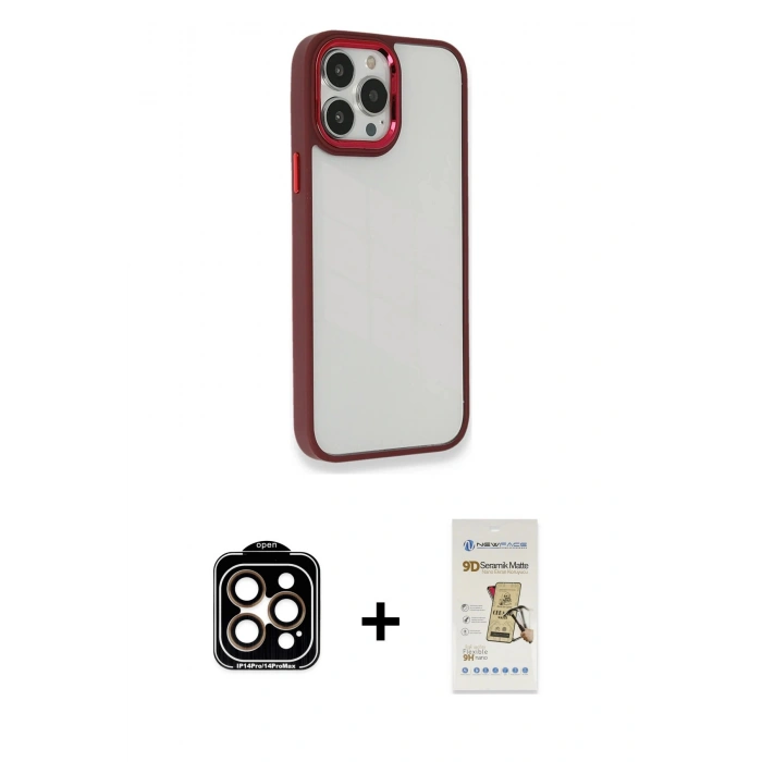 MARSİLYAN™- iPhone 14 Pro Max Kılıf Eksen Doku Prime - Siyah Mat Seramik Nano Ekran Koruyucu + PVD Metal Kamera Lens - TU