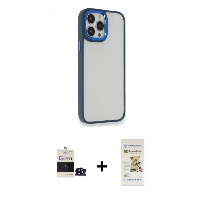MARSİLYAN™- iPhone 14 Pro Max Kılıf Eksen Doku Prime - Siyah Mat Seramik Nano Ekran Koruyucu + Bilvis Titan Kamera Lens - SH