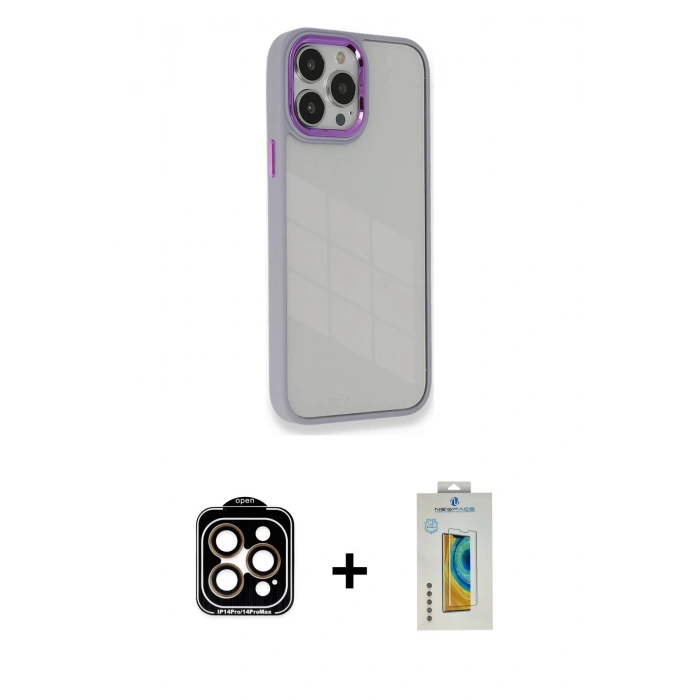 MARSİLYAN™- iPhone 14 Pro Max Kılıf Eksen Doku Prime - Siyah Polymer Nano Ekran Koruyucu + PVD Metal Kamera Lens - TU