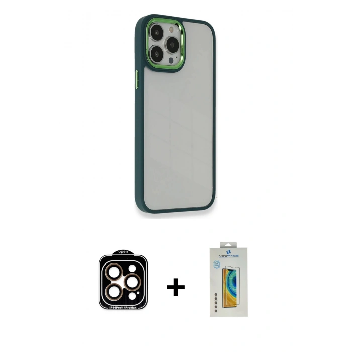 MARSİLYAN™- iPhone 14 Pro Max Kılıf Eksen Doku Prime - Siyah Polymer Nano Ekran Koruyucu + PVD Metal Kamera Lens - TU