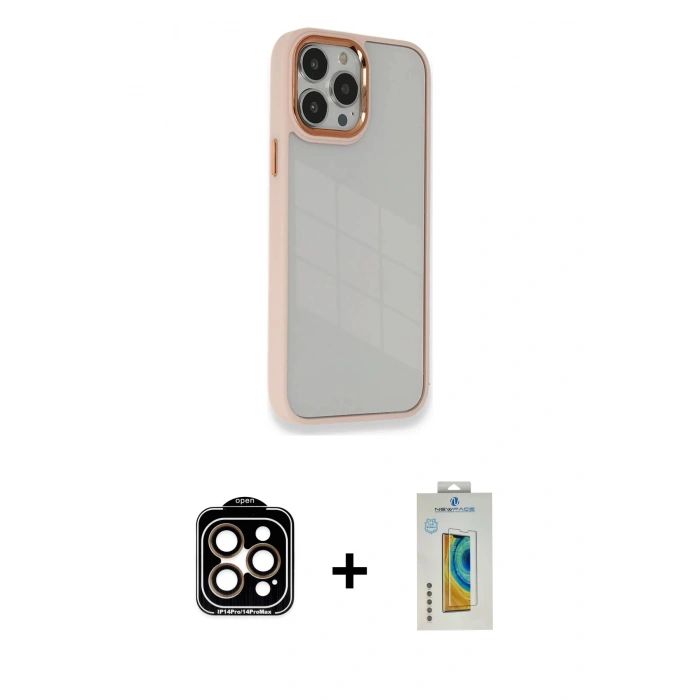 MARSİLYAN™- iPhone 14 Pro Max Kılıf Eksen Doku Prime - Siyah Polymer Nano Ekran Koruyucu + PVD Metal Kamera Lens - TU