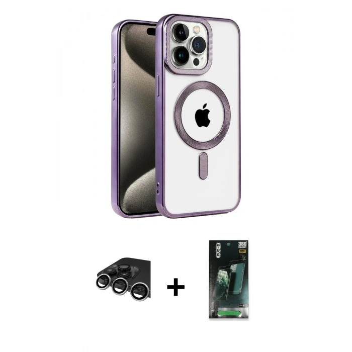 MARSİLYAN™- iPhone 14 Pro Max Kılıf Eksen Form Koleksiyonu - Şeffaf 360 Full Body Arka Koruyucu + Raze Metal Kamera Lens - GS