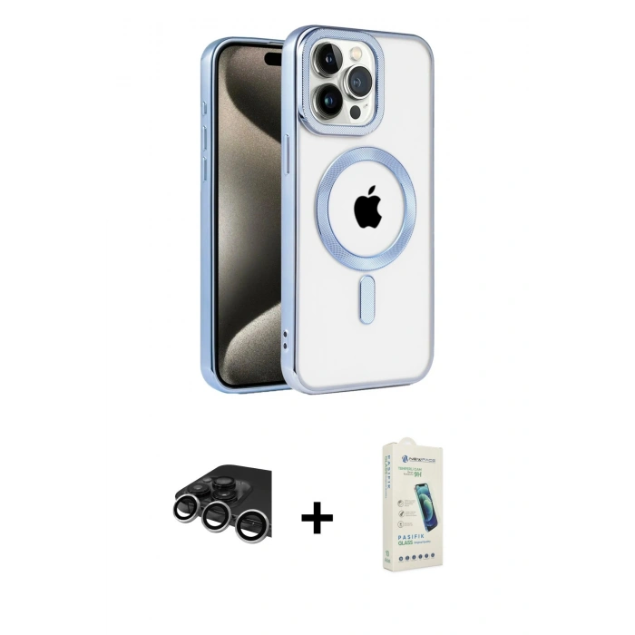 MARSİLYAN™- iPhone 14 Pro Max Kılıf Eksen Form Koleksiyonu - Şeffaf Pasifik Cam Ekran Koruyucu + Raze Metal Kamera Lens - GS