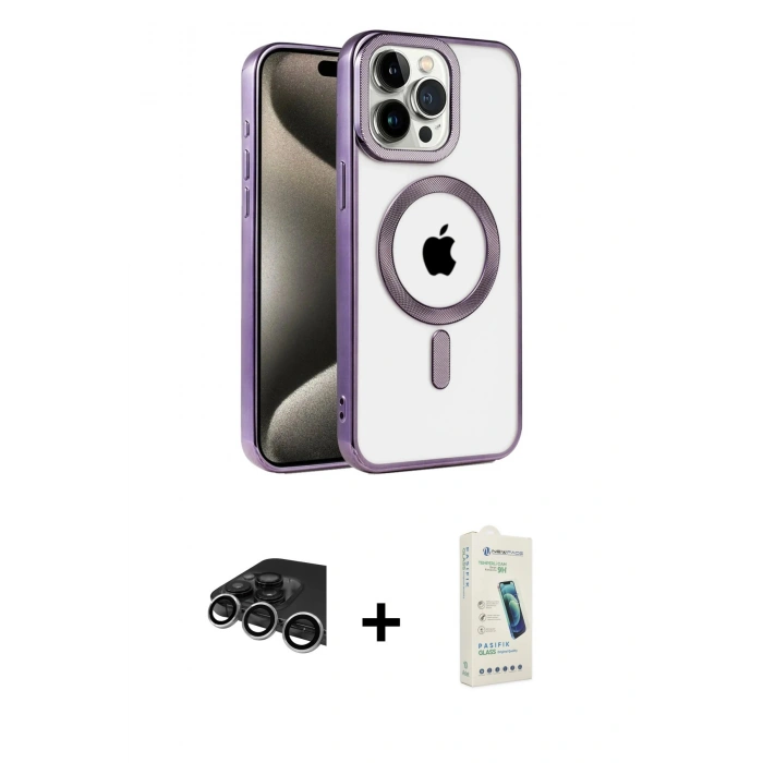 MARSİLYAN™- iPhone 14 Pro Max Kılıf Eksen Form Koleksiyonu - Şeffaf Pasifik Cam Ekran Koruyucu + Raze Metal Kamera Lens - GS