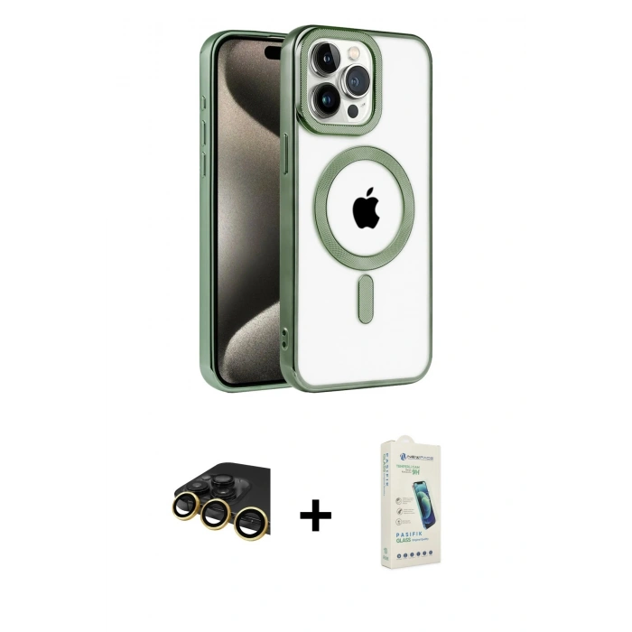 MARSİLYAN™- iPhone 14 Pro Max Kılıf Eksen Form Koleksiyonu - Şeffaf Pasifik Cam Ekran Koruyucu + Raze Metal Kamera Lens - GD