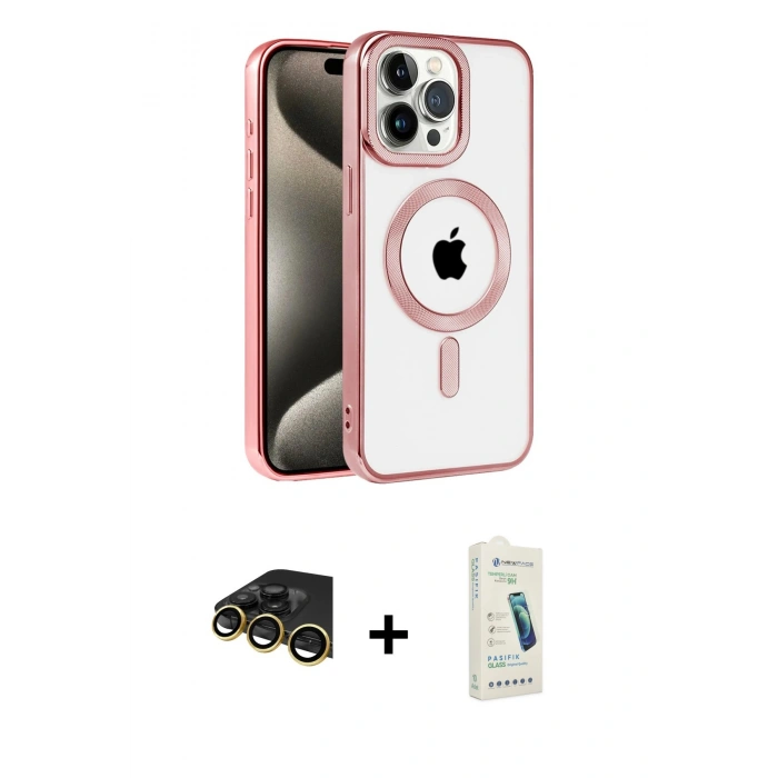 MARSİLYAN™- iPhone 14 Pro Max Kılıf Eksen Form Koleksiyonu - Şeffaf Pasifik Cam Ekran Koruyucu + Raze Metal Kamera Lens - GD