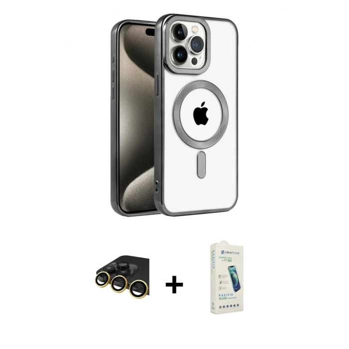 MARSİLYAN™- iPhone 14 Pro Max Kılıf Eksen Form Koleksiyonu - Şeffaf Pasifik Cam Ekran Koruyucu + Raze Metal Kamera Lens - GD