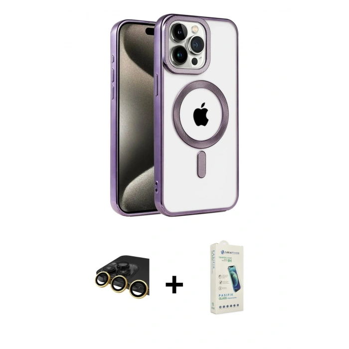 MARSİLYAN™- iPhone 14 Pro Max Kılıf Eksen Form Koleksiyonu - Şeffaf Pasifik Cam Ekran Koruyucu + Raze Metal Kamera Lens - GD