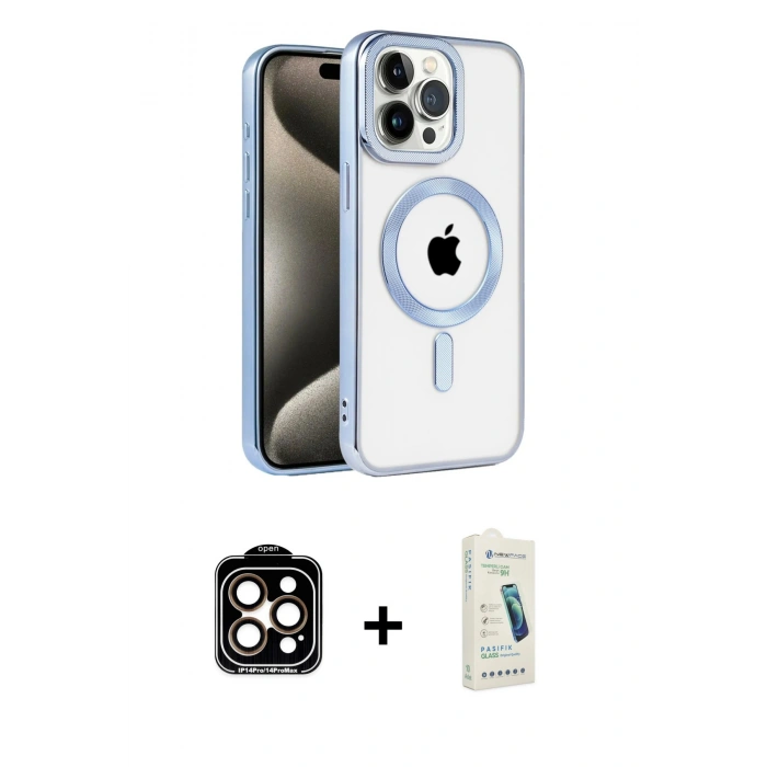 MARSİLYAN™- iPhone 14 Pro Max Kılıf Eksen Form Koleksiyonu - Şeffaf Pasifik Cam Ekran Koruyucu + PVD Metal Kamera Lens - TU