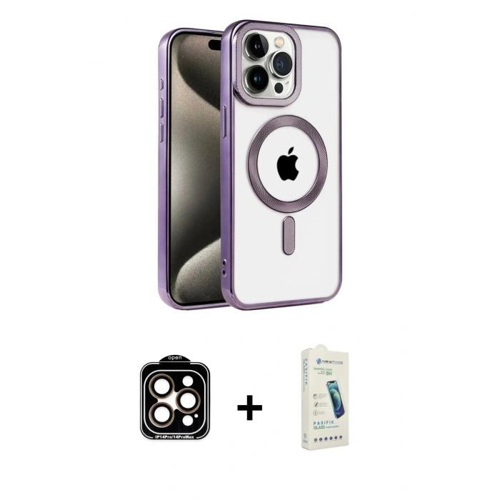 MARSİLYAN™- iPhone 14 Pro Max Kılıf Eksen Form Koleksiyonu - Şeffaf Pasifik Cam Ekran Koruyucu + PVD Metal Kamera Lens - TU