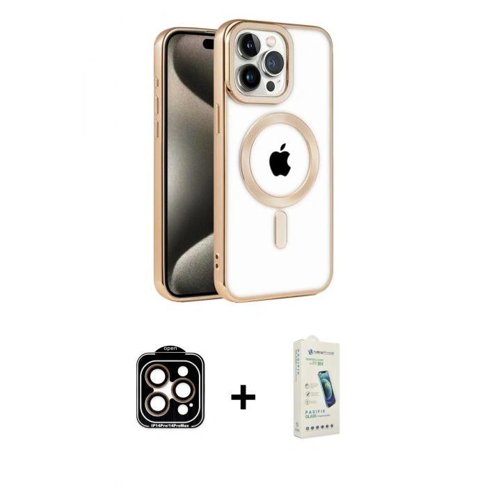 MARSİLYAN™- iPhone 14 Pro Max Kılıf Eksen Form Koleksiyonu - Şeffaf Pasifik Cam Ekran Koruyucu + PVD Metal Kamera Lens - TU
