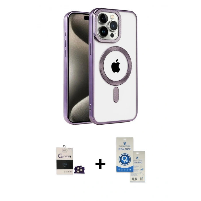 MARSİLYAN™- iPhone 14 Pro Max Kılıf Eksen Form Koleksiyonu - Şeffaf Royal Nano Ekran Koruyucu + Gold Bilvis Titan Kamera Lens