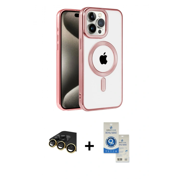 MARSİLYAN™- iPhone 14 Pro Max Kılıf Eksen Form Koleksiyonu - Şeffaf Royal Nano Ekran Koruyucu + Gold Raze Metal Kamera Lens
