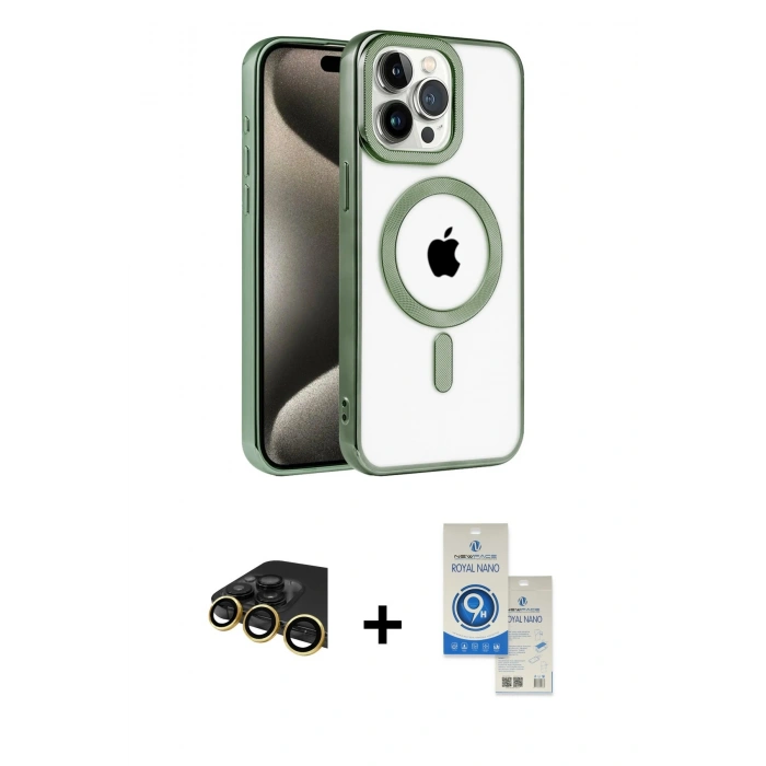 MARSİLYAN™- iPhone 14 Pro Max Kılıf Eksen Form Koleksiyonu - Şeffaf Royal Nano Ekran Koruyucu + Gold Raze Metal Kamera Lens