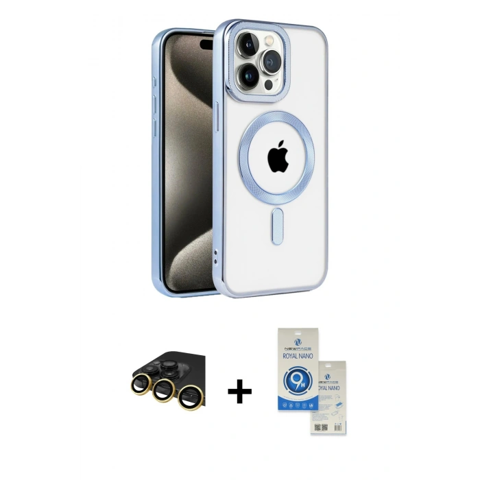 MARSİLYAN™- iPhone 14 Pro Max Kılıf Eksen Form Koleksiyonu - Şeffaf Royal Nano Ekran Koruyucu + Gold Raze Metal Kamera Lens