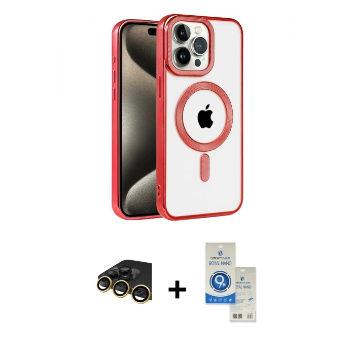 MARSİLYAN™- iPhone 14 Pro Max Kılıf Eksen Form Koleksiyonu - Şeffaf Royal Nano Ekran Koruyucu + Gold Raze Metal Kamera Lens