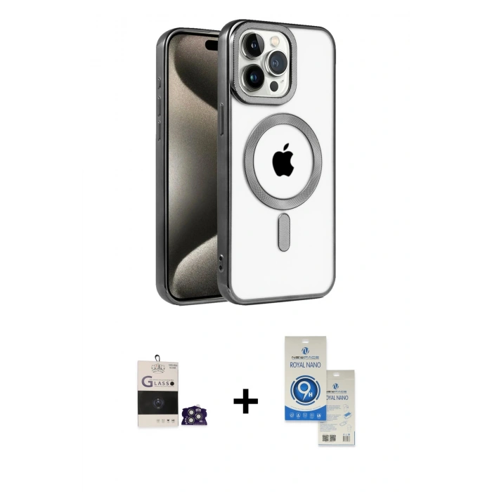 MARSİLYAN™- iPhone 14 Pro Max Kılıf Eksen Form Koleksiyonu - Şeffaf Royal Nano Ekran Koruyucu + Gümüş Bilvis Titan Kamera Lens